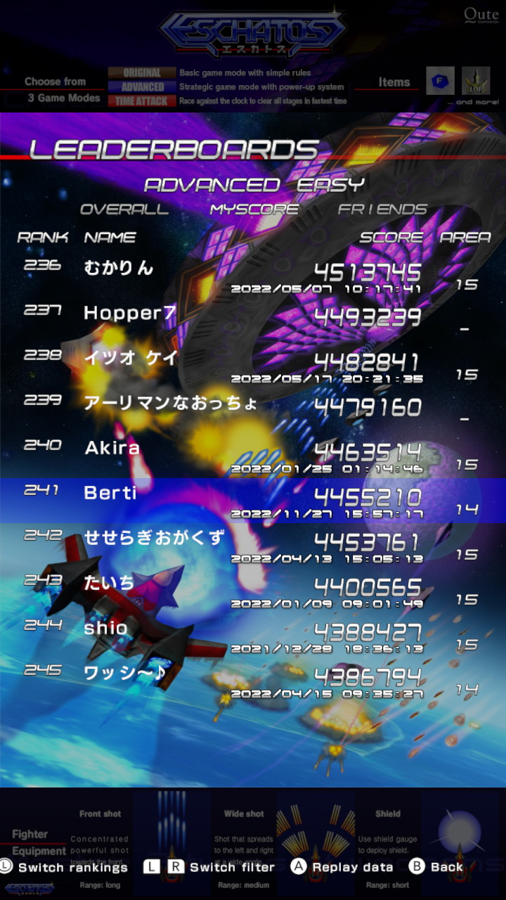 Screenshot: Eschatos online leaderboards of Advanced mode on Easy difficulty, showing HUQ at 241st place with a score of 4 455 210